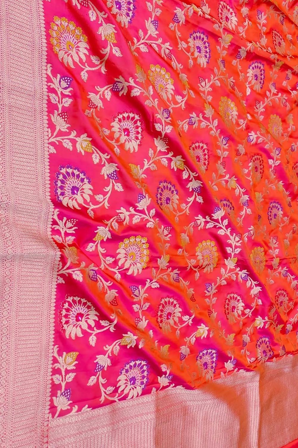 Pink Handloom Banarasi Pure Katan Silk Meenakari Flower Design Dupatta - Luxurion World- Crafted Heirlooms