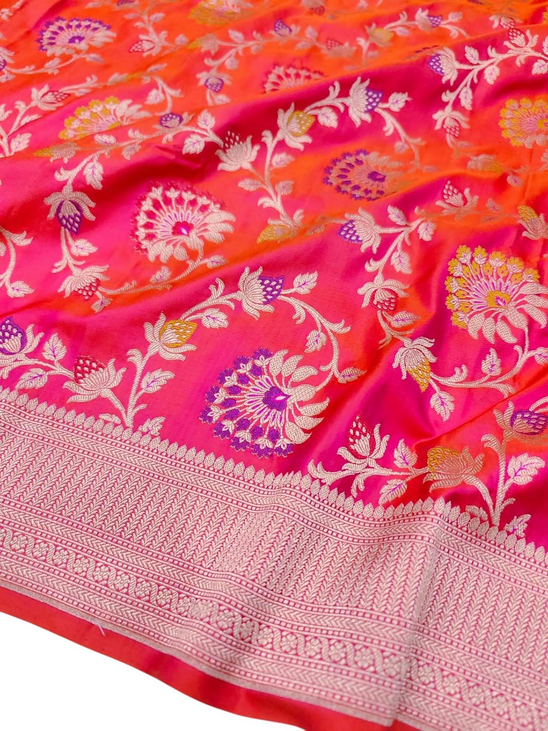 Pink Handloom Banarasi Pure Katan Silk Meenakari Flower Design Dupatta - Luxurion World- Crafted Heirlooms