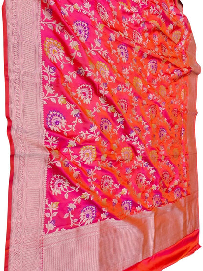Pink Handloom Banarasi Pure Katan Silk Meenakari Flower Design Dupatta - Luxurion World