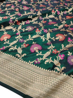 Green Handloom Banarasi Pure Katan Silk Meenakari Flower Design Dupatta - Luxurion World- Crafted Heirlooms