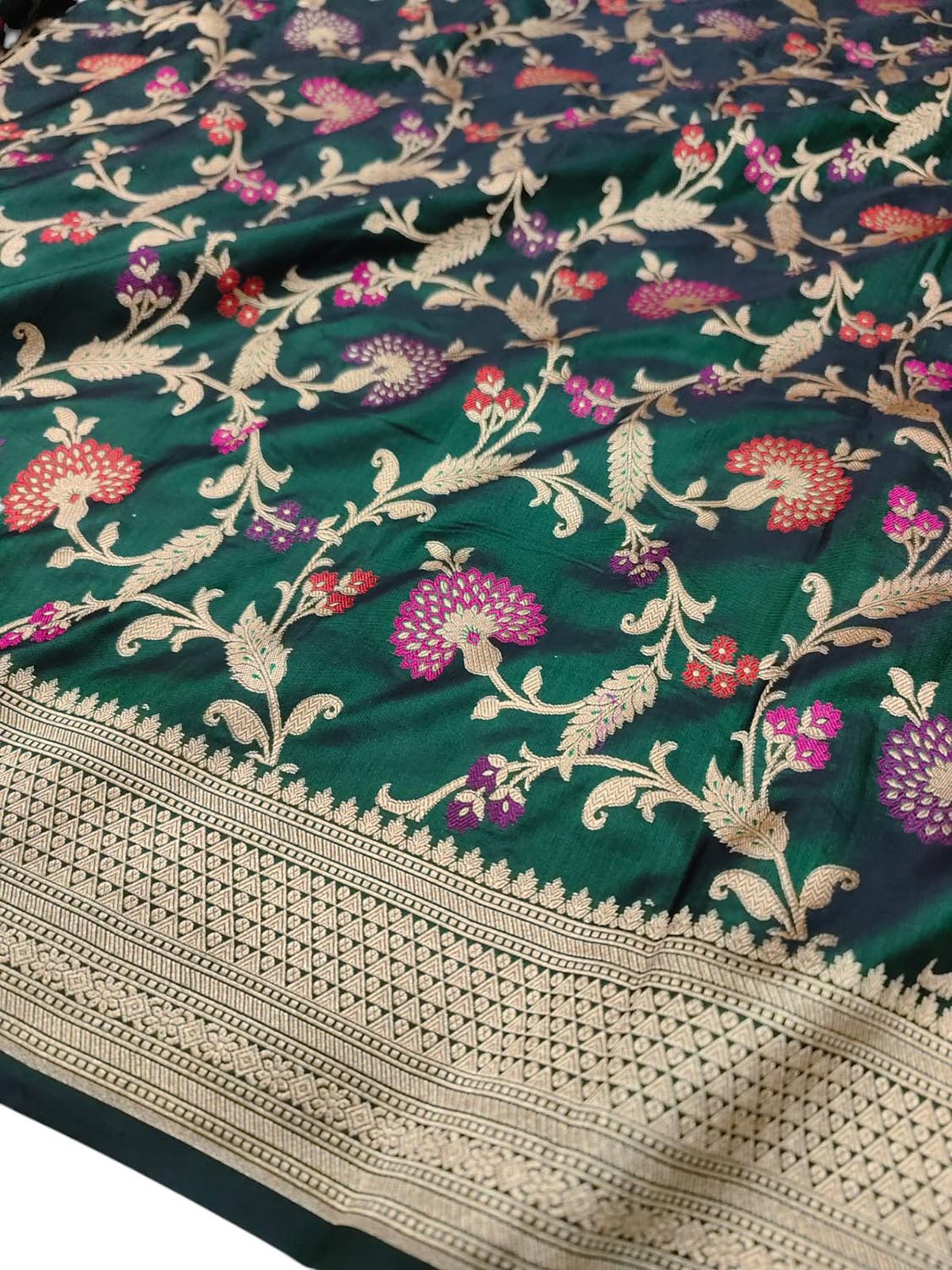Green Handloom Banarasi Pure Katan Silk Meenakari Flower Design Dupatta - Luxurion World