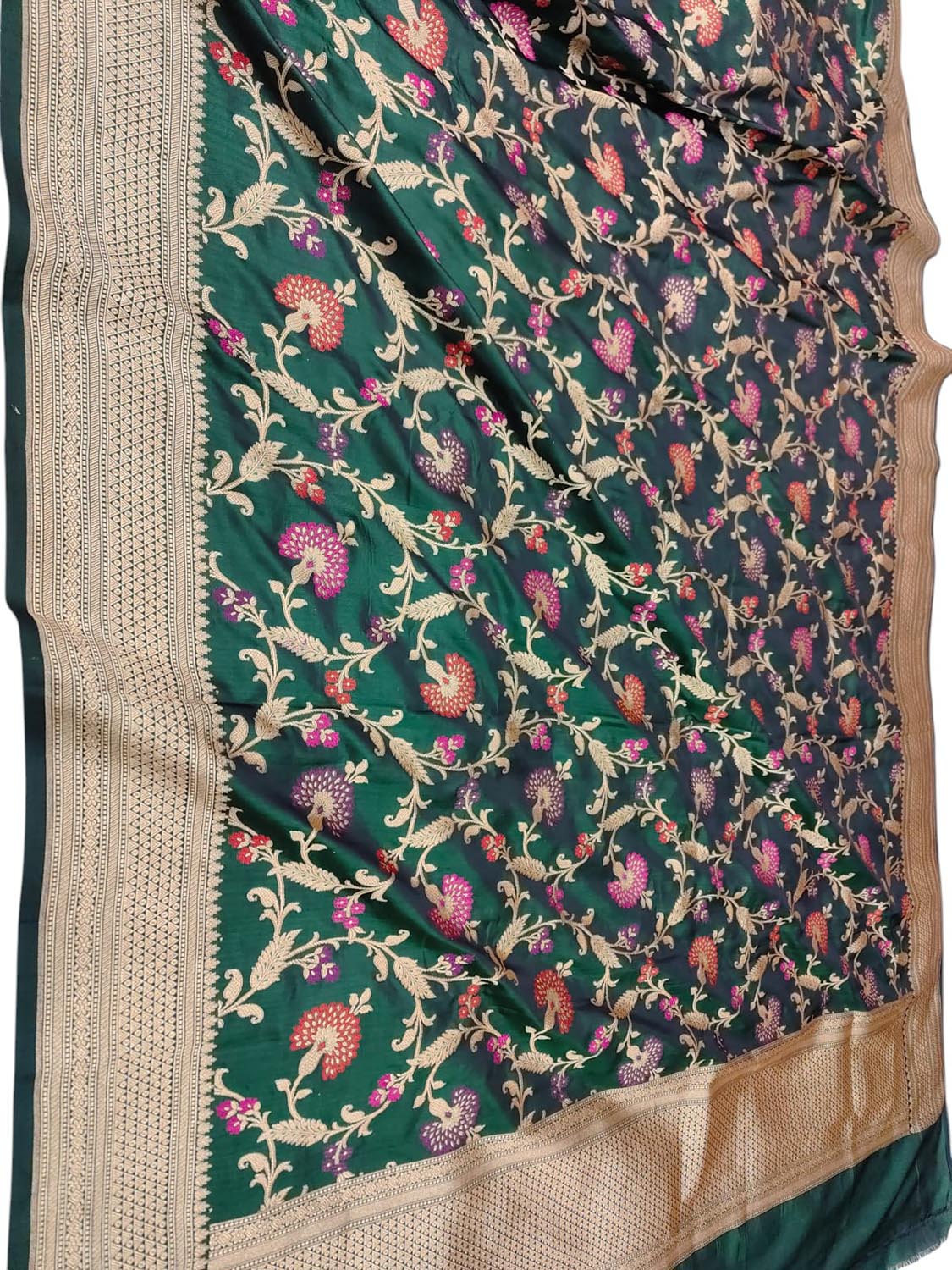 Green Handloom Banarasi Pure Katan Silk Meenakari Flower Design Dupatta - Luxurion World- Crafted Heirlooms