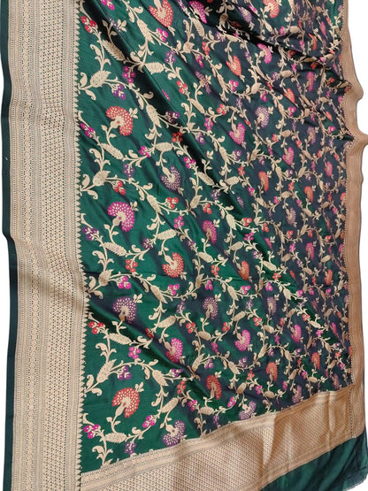 Green Handloom Banarasi Pure Katan Silk Meenakari Flower Design Dupatta - Luxurion World
