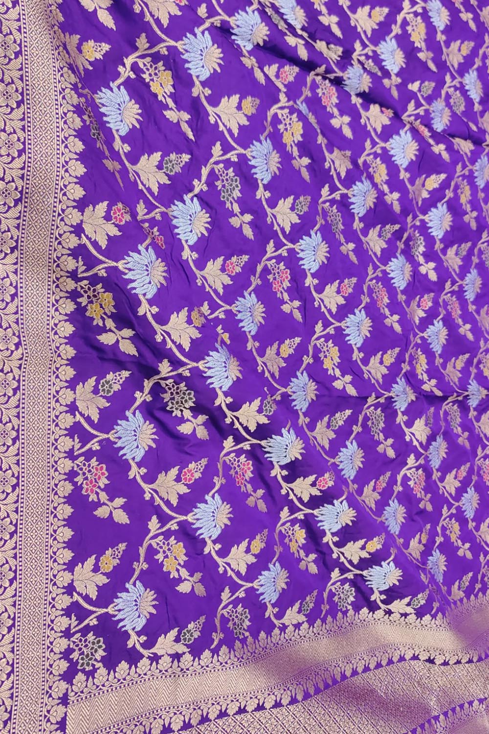 Purple Handloom Banarasi Pure Katan Silk Meenakari Flower Design Dupatta - Luxurion World- Crafted Heirlooms
