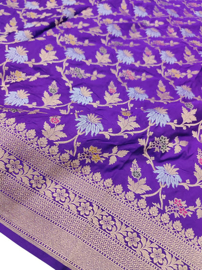 Purple Handloom Banarasi Pure Katan Silk Meenakari Flower Design Dupatta - Luxurion World