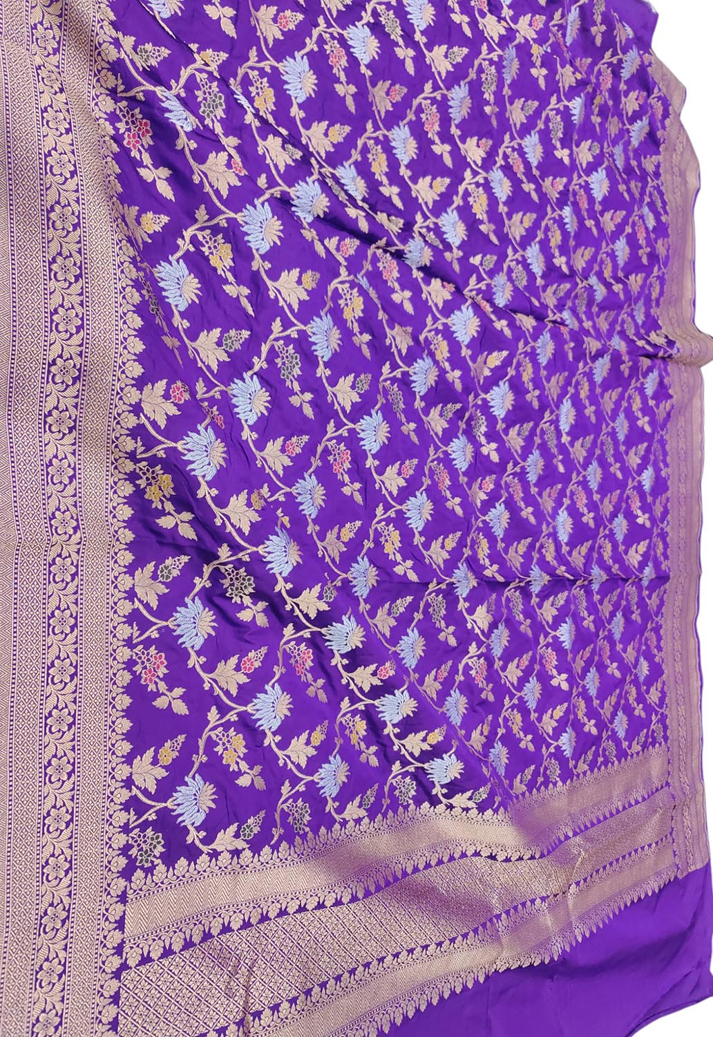 Purple Handloom Banarasi Pure Katan Silk Meenakari Flower Design Dupatta - Luxurion World