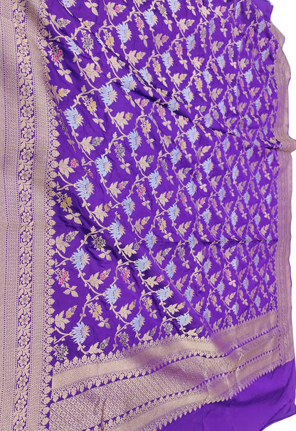 Purple Handloom Banarasi Pure Katan Silk Meenakari Flower Design Dupatta - Luxurion World