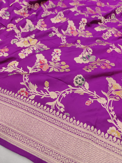 Purple Handloom Banarasi Pure Katan Silk Meenakari Flower Design Dupatta - Luxurion World