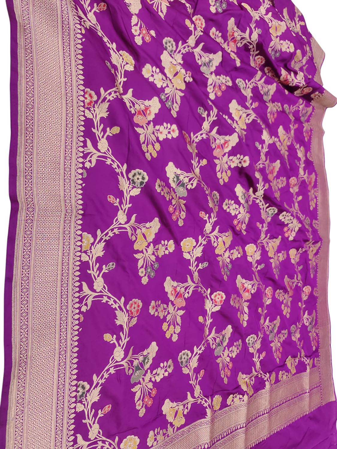 Purple Handloom Banarasi Pure Katan Silk Meenakari Flower Design Dupatta - Luxurion World