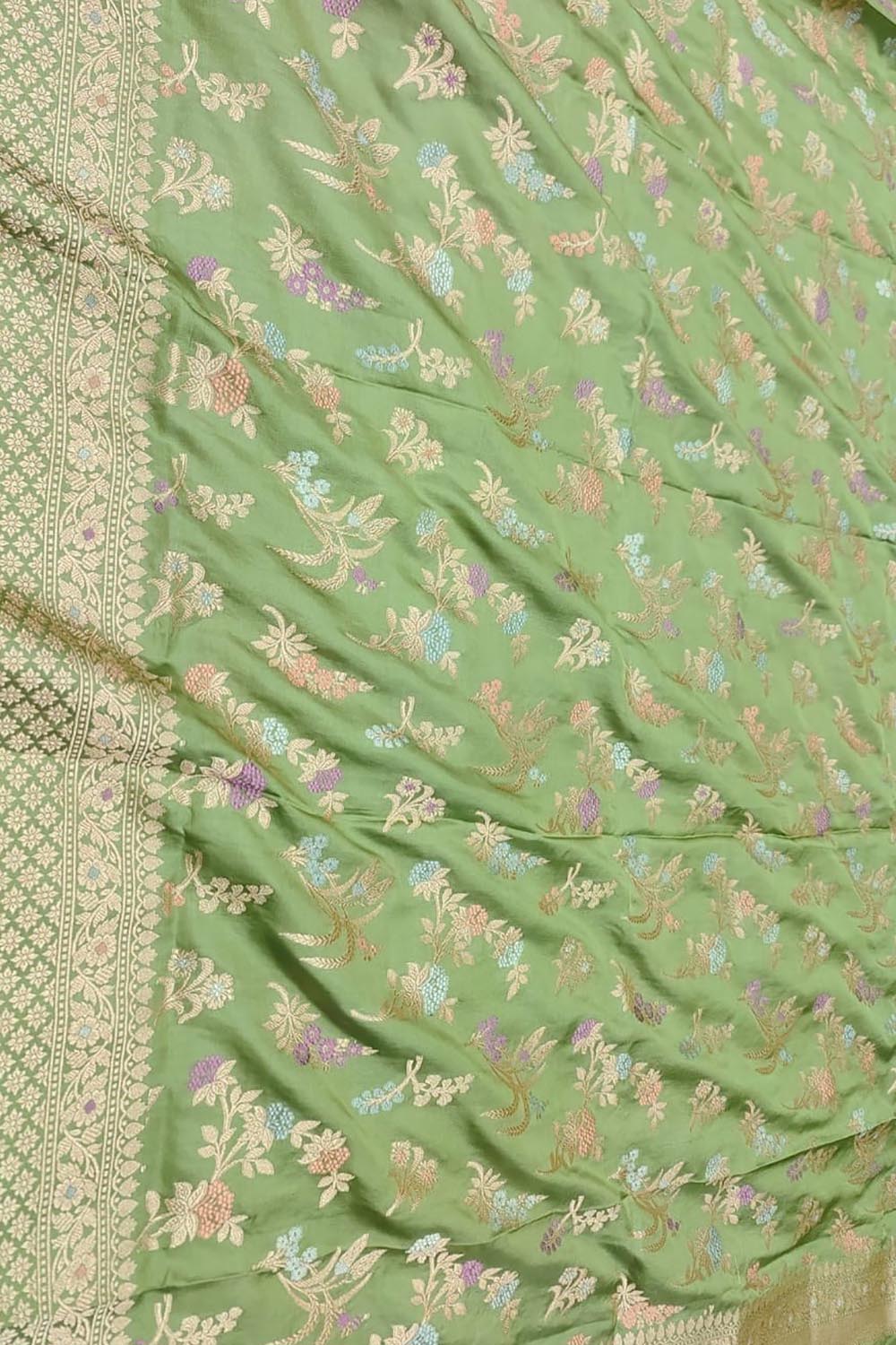 Green Handloom Banarasi Pure Katan Silk Meenakari Flower Design Dupatta - Luxurion World- Crafted Heirlooms