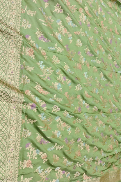 Green Handloom Banarasi Pure Katan Silk Meenakari Flower Design Dupatta - Luxurion World