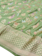 Green Handloom Banarasi Pure Katan Silk Meenakari Flower Design Dupatta - Luxurion World- Crafted Heirlooms