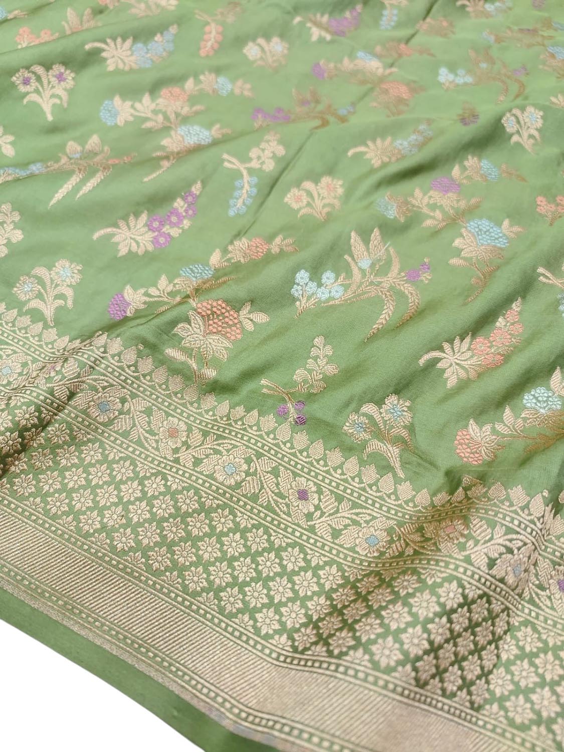 Green Handloom Banarasi Pure Katan Silk Meenakari Flower Design Dupatta - Luxurion World- Crafted Heirlooms