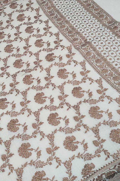 Dyeable Banarasi Flower Design Handloom Pure Moonga Antique Zari Jaal Dupatta - Luxurion World