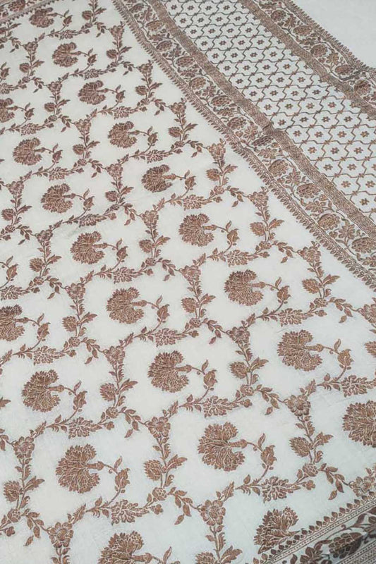 Dyeable Banarasi Flower Design Handloom Pure Moonga Antique Zari Jaal Dupatta - Luxurion World