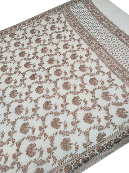 Dyeable Banarasi Flower Design Handloom Pure Moonga Antique Zari Jaal Dupatta - Luxurion World