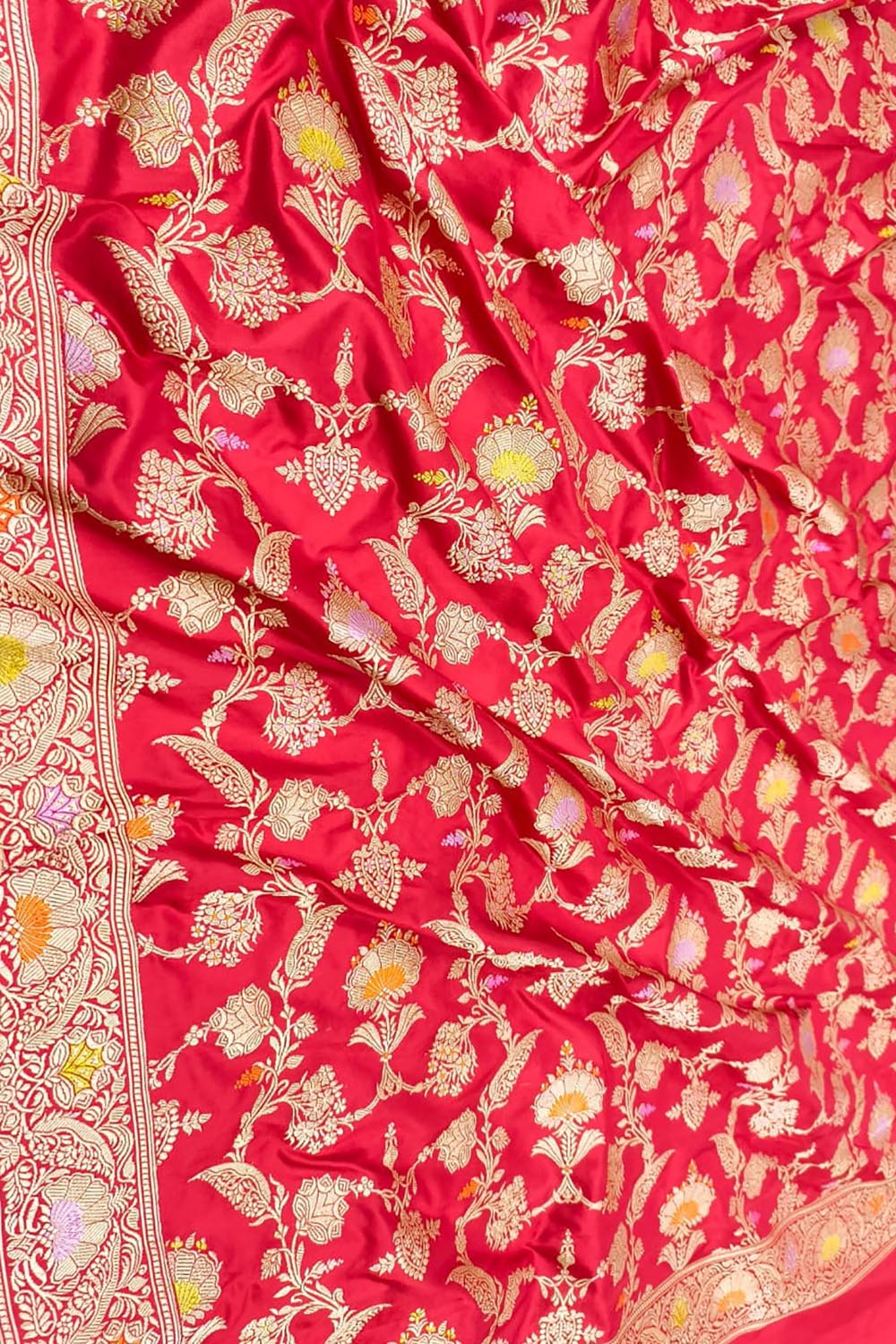 Red Handloom Banarasi Pure Katan Silk Meenakari Jaal Work Dupatta - Luxurion World- Crafted Heirlooms