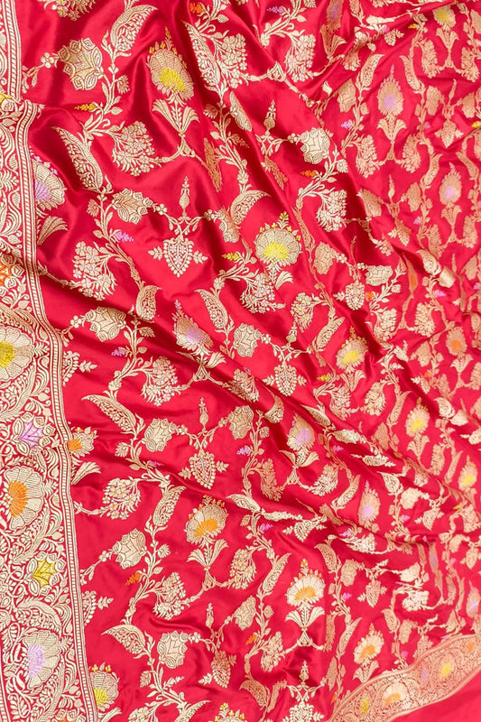 Red Handloom Banarasi Pure Katan Silk Meenakari Jaal Work Dupatta - Luxurion World
