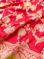 Red Handloom Banarasi Pure Katan Silk Meenakari Jaal Work Dupatta - Luxurion World- Crafted Heirlooms