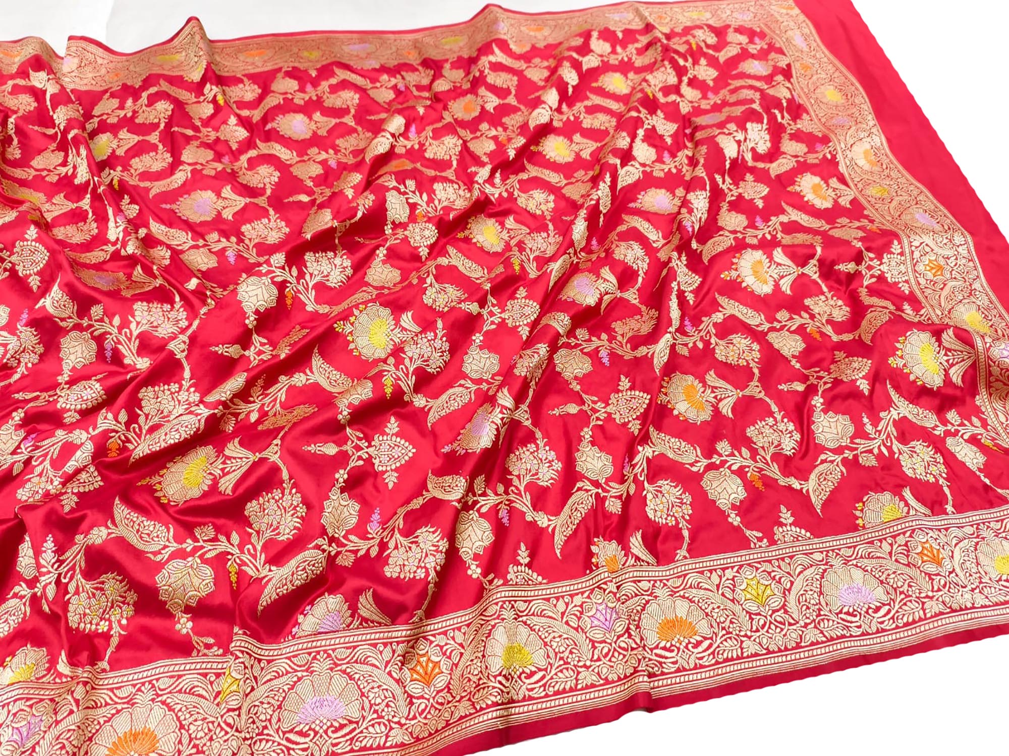 Red Handloom Banarasi Pure Katan Silk Meenakari Jaal Work Dupatta - Luxurion World- Crafted Heirlooms