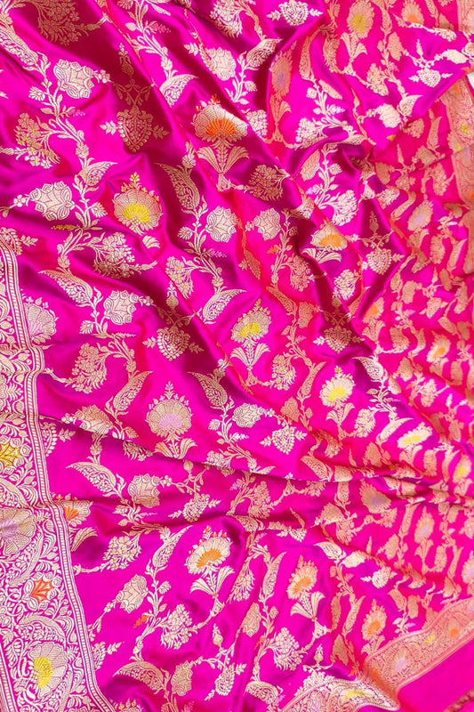 Pink Handloom Banarasi Pure Katan Silk Meenakari Jaal Work Dupatta - Luxurion World