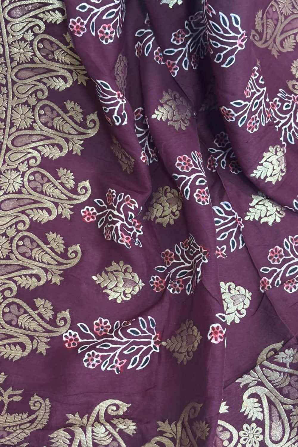 Maroon Banarasi Ajrakh Dola Silk Dupatta - Elegant Ethnic Wear - Luxurion World- Crafted Heirlooms