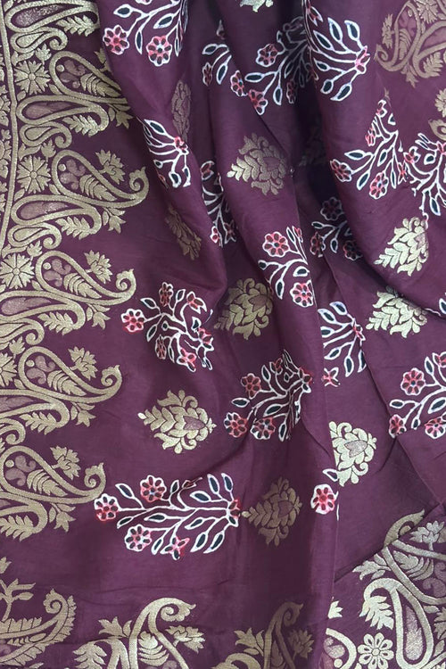 Maroon Banarasi Ajrakh Dola Silk Dupatta - Elegant Ethnic Wear - Luxurion World- Crafted Heirlooms