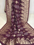 Maroon Banarasi Ajrakh Dola Silk Dupatta - Elegant Ethnic Wear - Luxurion World- Crafted Heirlooms