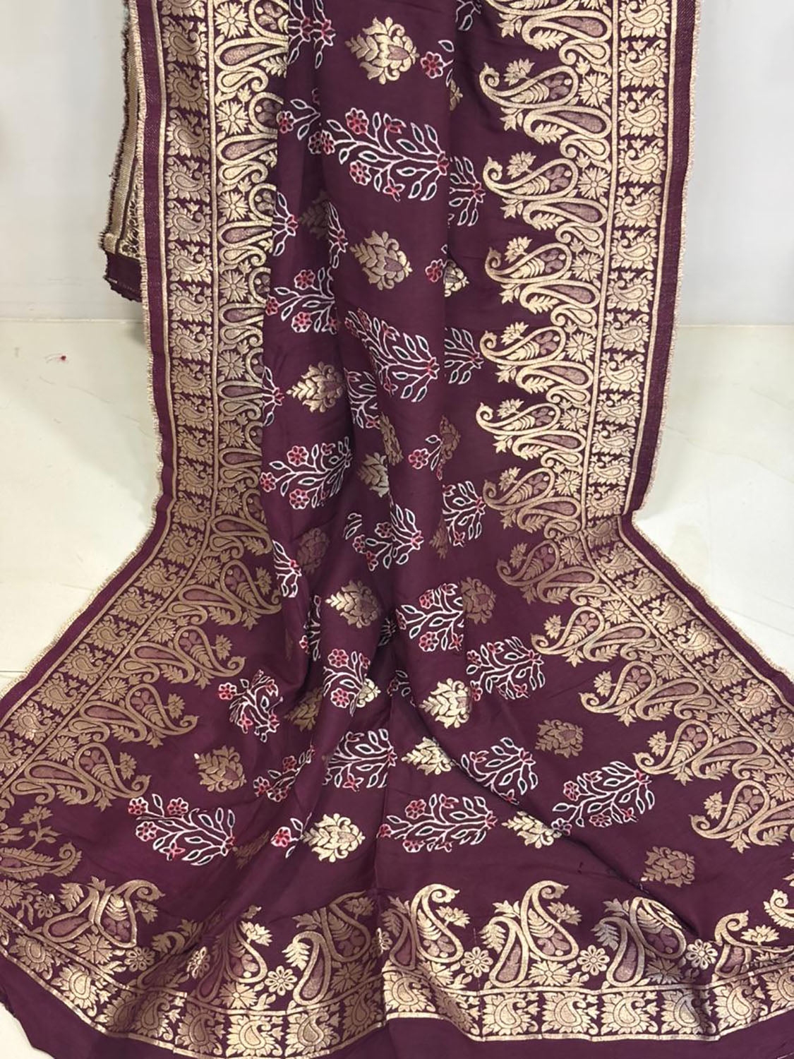Maroon Banarasi Ajrakh Dola Silk Dupatta - Elegant Ethnic Wear - Luxurion World- Crafted Heirlooms
