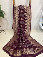 Maroon Banarasi Ajrakh Dola Silk Dupatta - Elegant Ethnic Wear - Luxurion World- Crafted Heirlooms