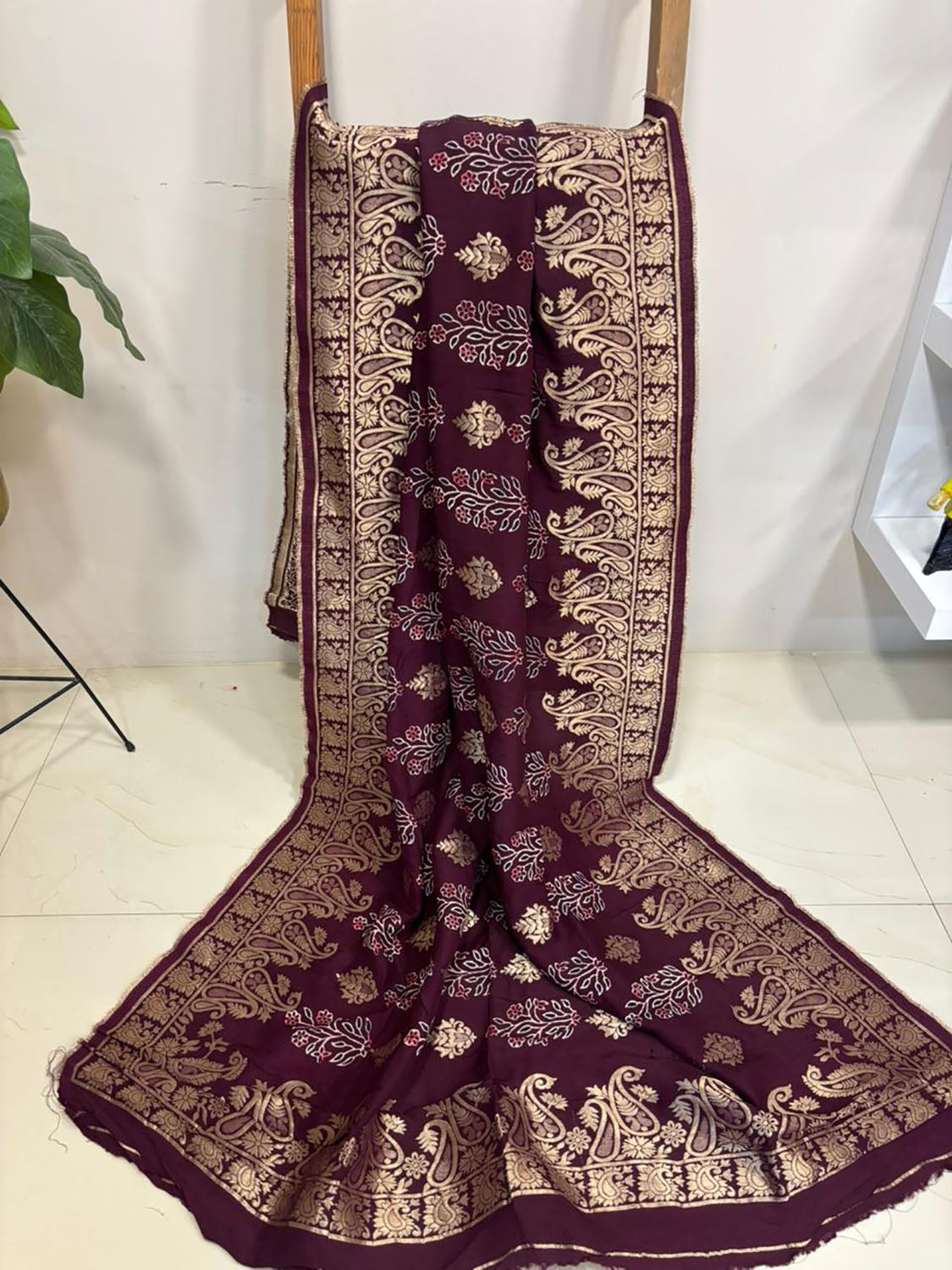 Maroon Banarasi Ajrakh Dola Silk Dupatta - Elegant Ethnic Wear - Luxurion World- Crafted Heirlooms