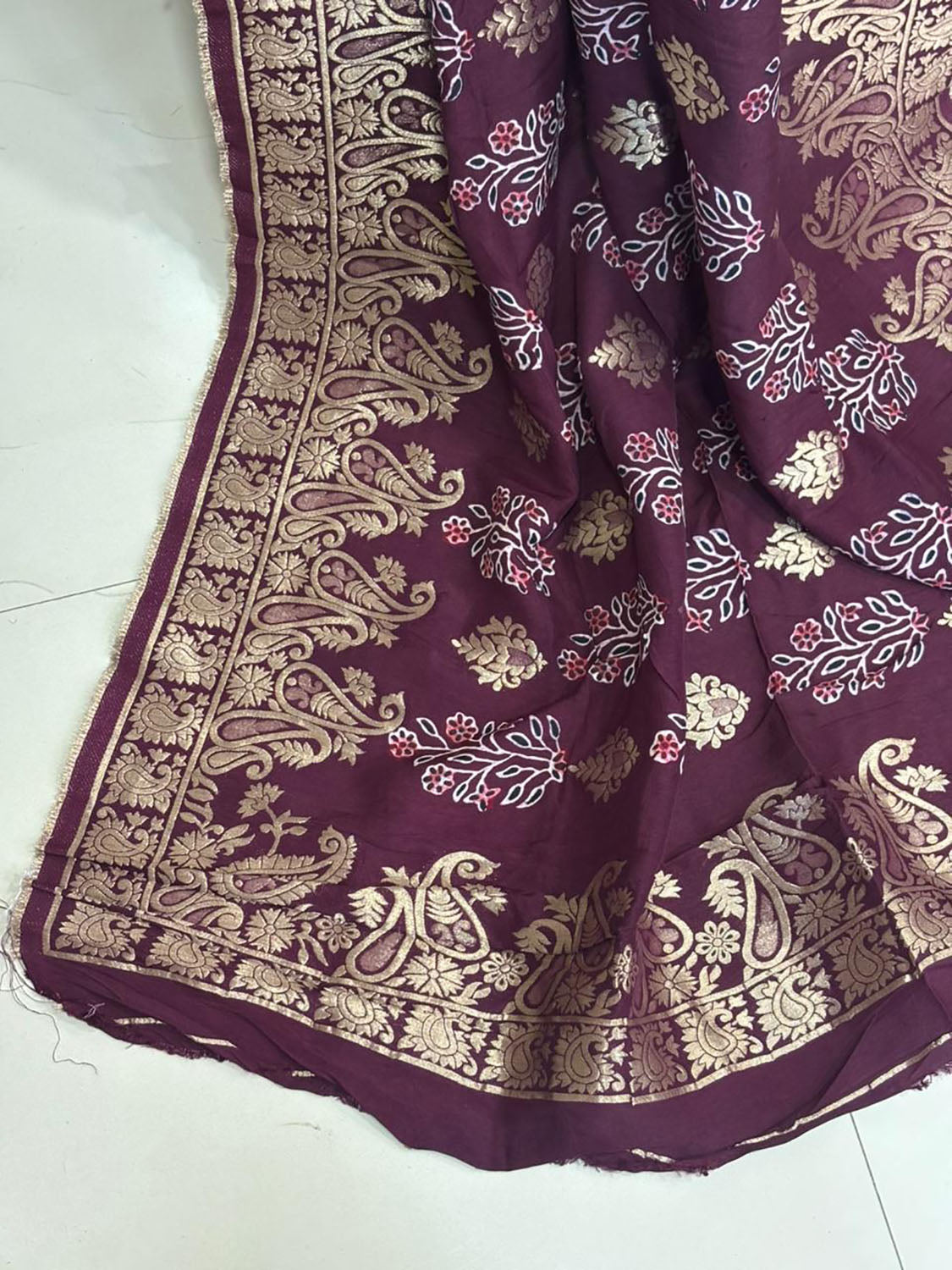 Maroon Banarasi Ajrakh Dola Silk Dupatta - Elegant Ethnic Wear - Luxurion World- Crafted Heirlooms
