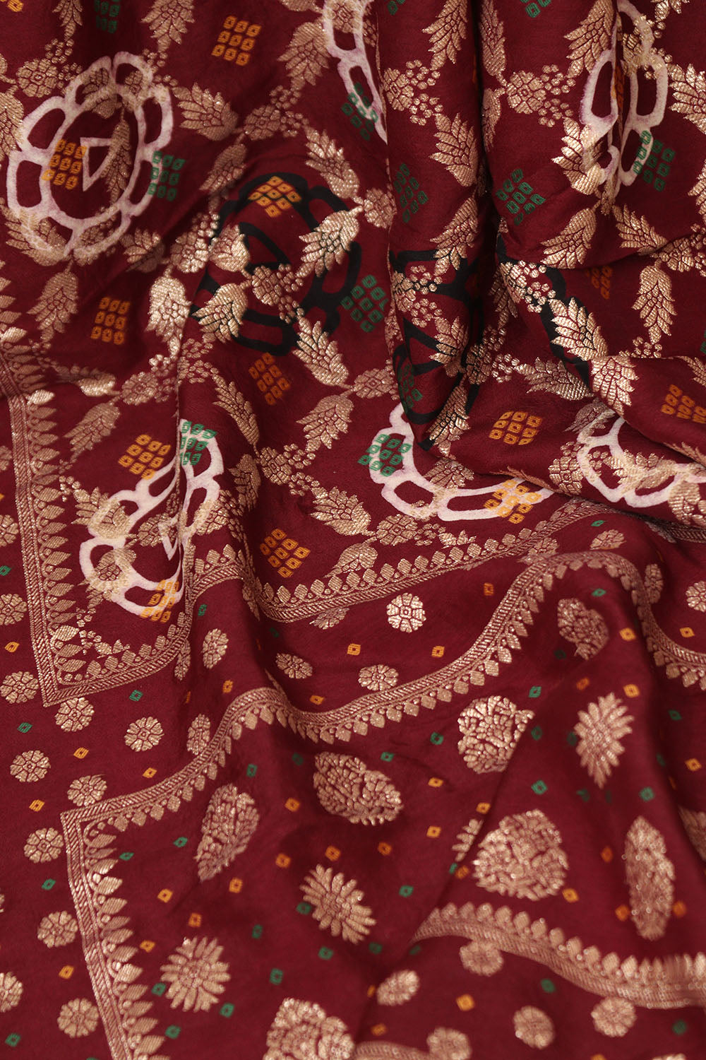 Elegant Maroon Banarasi Bandhani Dola Silk Dupatta - Luxurion World- Crafted Heirlooms