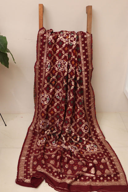 Elegant Maroon Banarasi Bandhani Dola Silk Dupatta