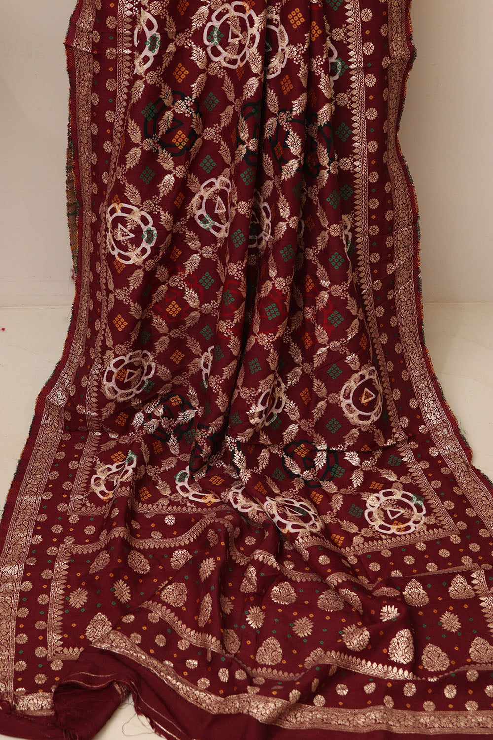Elegant Maroon Banarasi Bandhani Dola Silk Dupatta - Luxurion World- Crafted Heirlooms