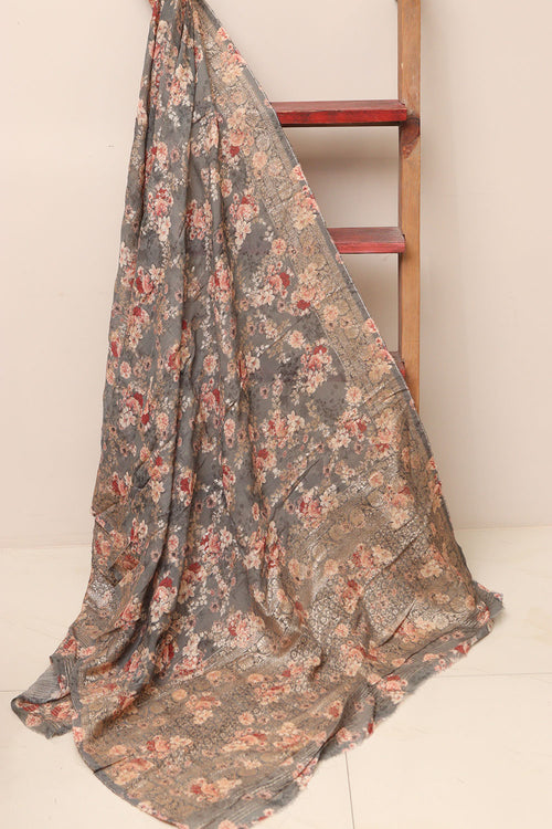 Elegant Grey Banarasi Digital Printed Chiffon Georgette Dupatta - Luxurion World- Crafted Heirlooms