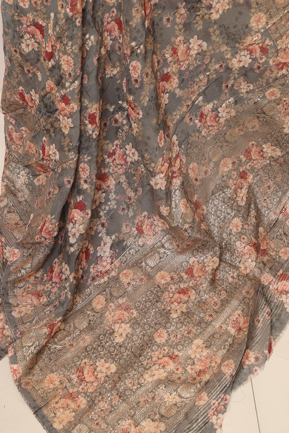 Elegant Grey Banarasi Digital Printed Chiffon Georgette Dupatta - Luxurion World- Crafted Heirlooms