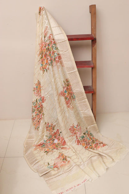 Elegant White Banarasi Dola Silk Dupatta - Luxurion World