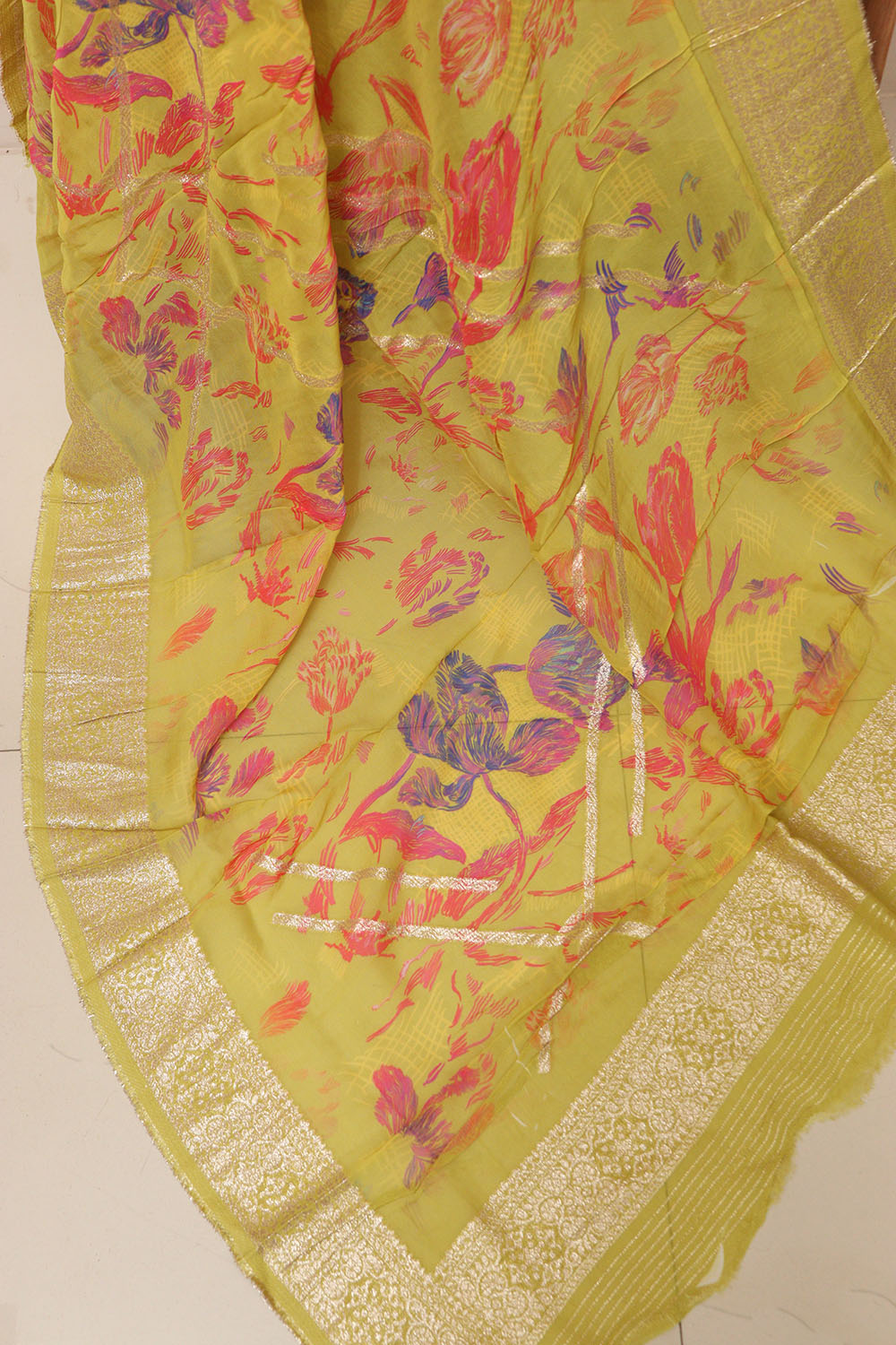 Stunning Yellow Banarasi Digital Printed Chiffon Georgette Dupatta - Luxurion World- Crafted Heirlooms