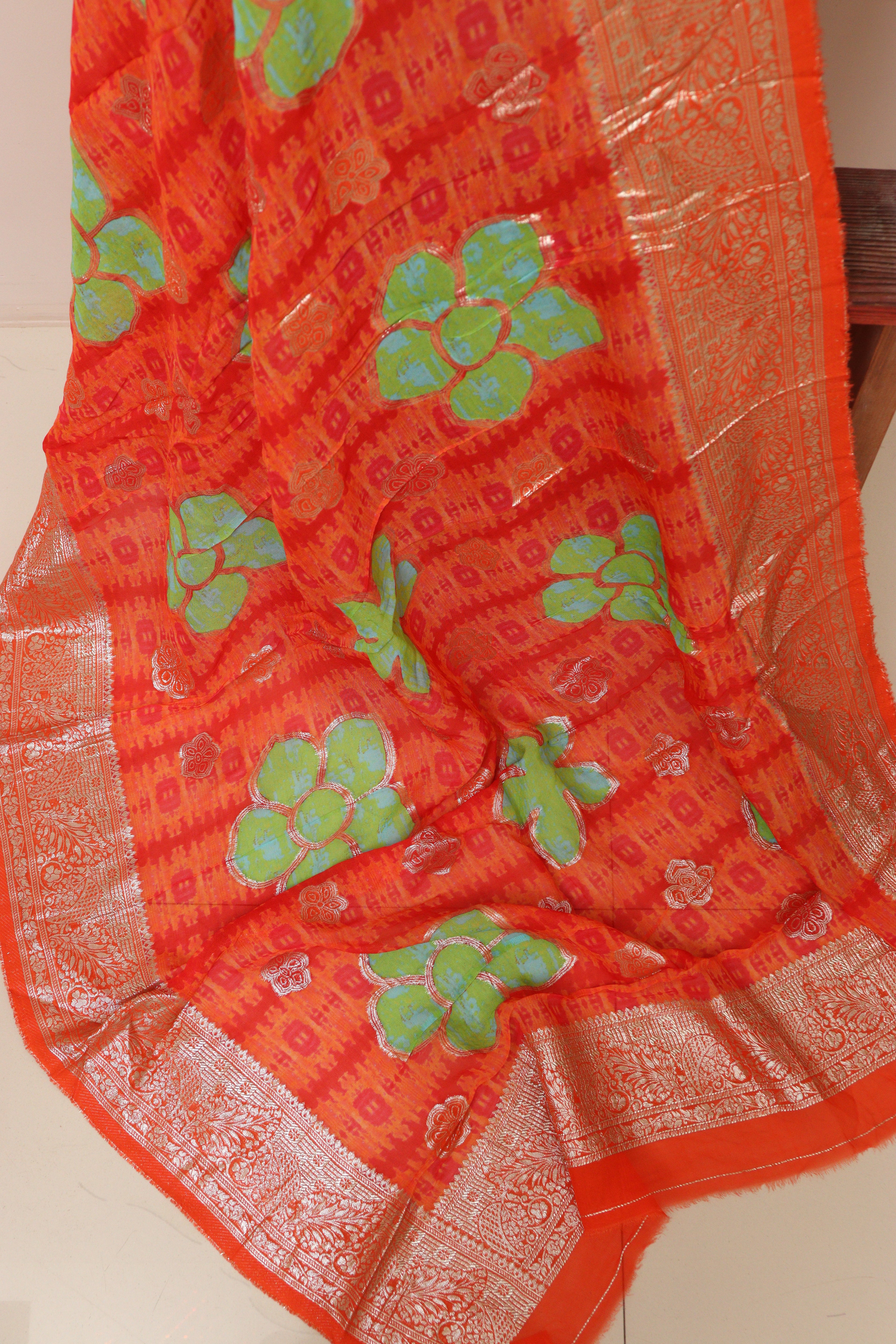 Orange Banarasi Digital Printed Chiffon Georgette Dupatta - Luxurion World- Crafted Heirlooms