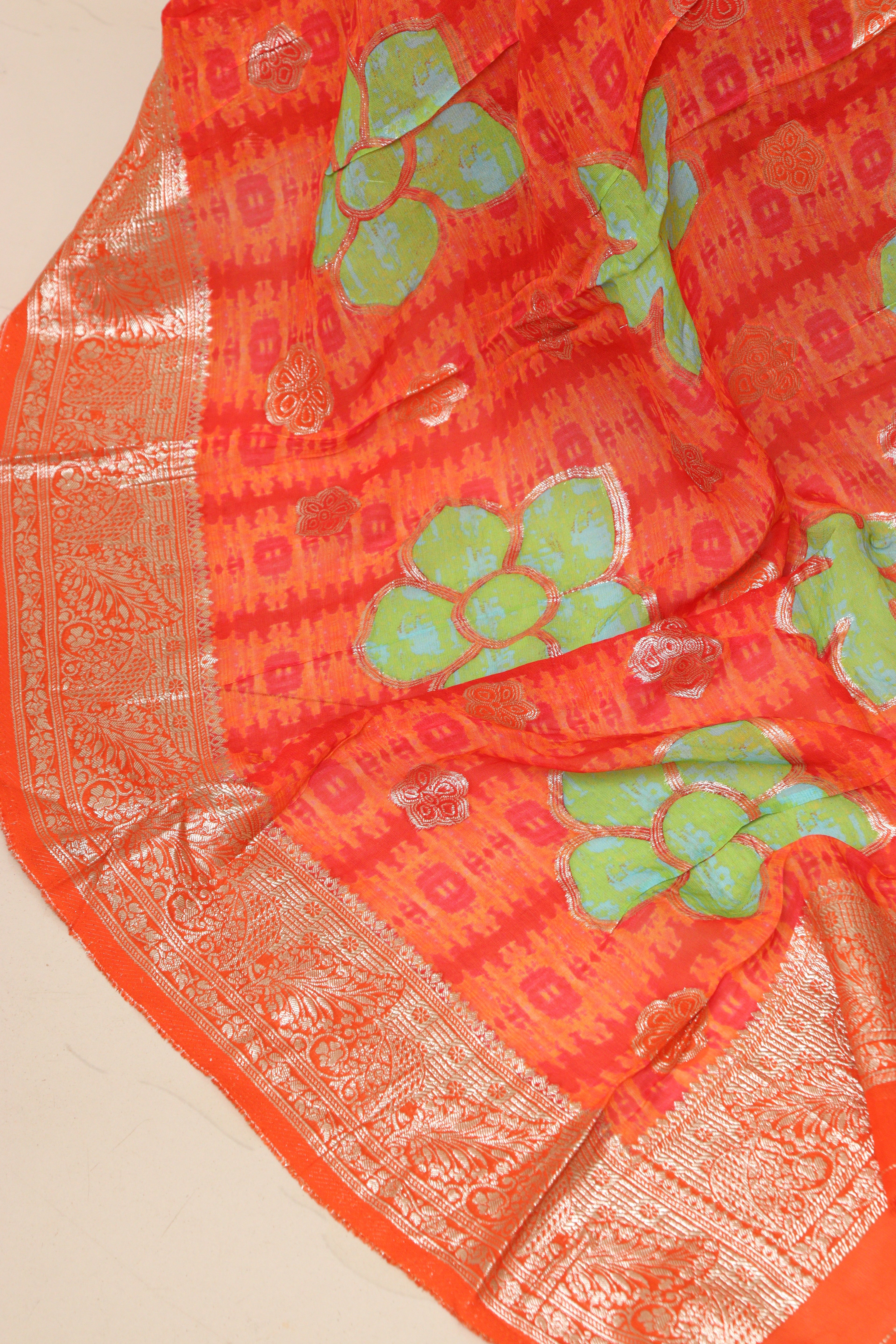 Orange Banarasi Digital Printed Chiffon Georgette Dupatta - Luxurion World- Crafted Heirlooms