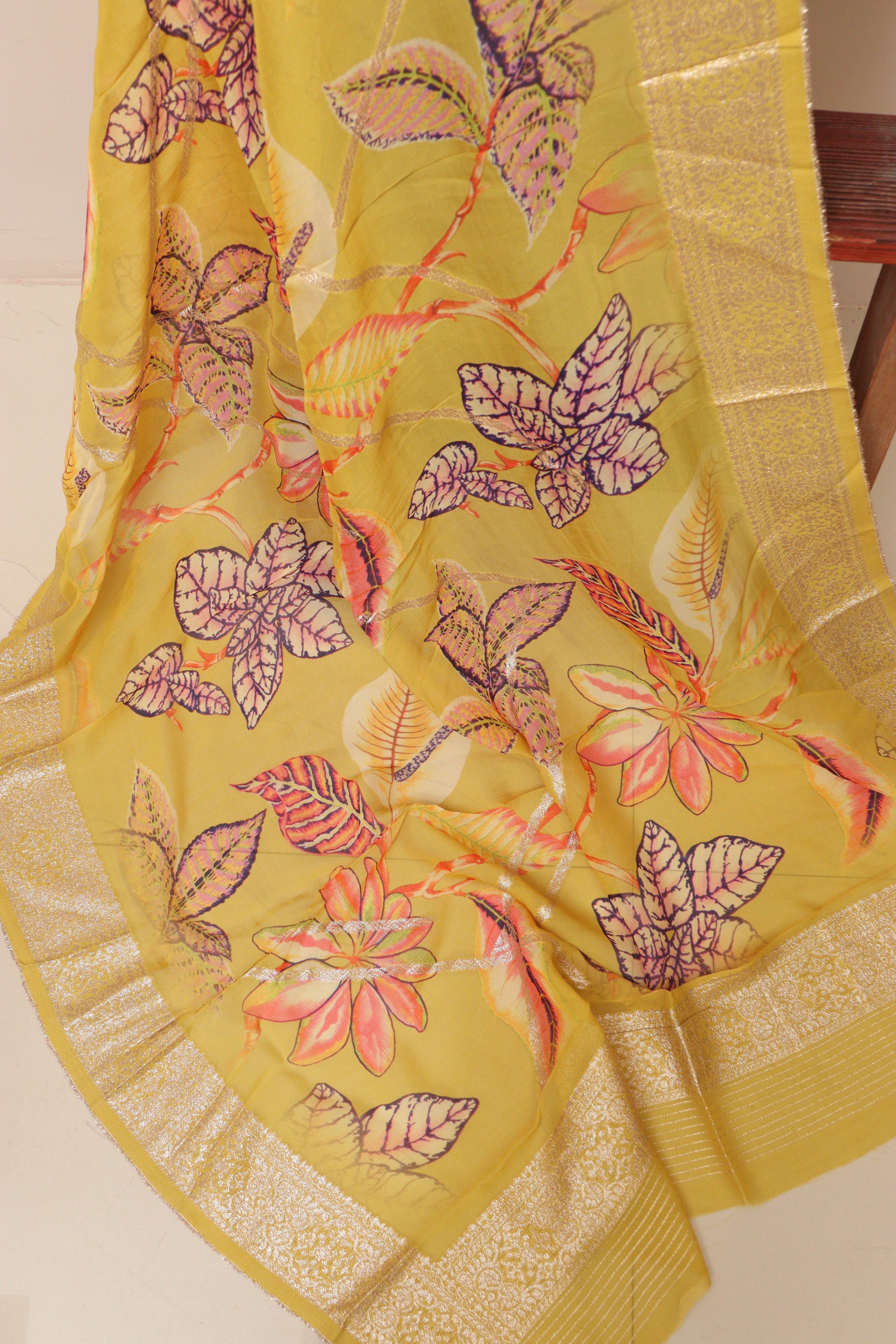 Yellow Banarasi Digital Printed Chiffon Georgette Dupatta - Luxurion World- Crafted Heirlooms
