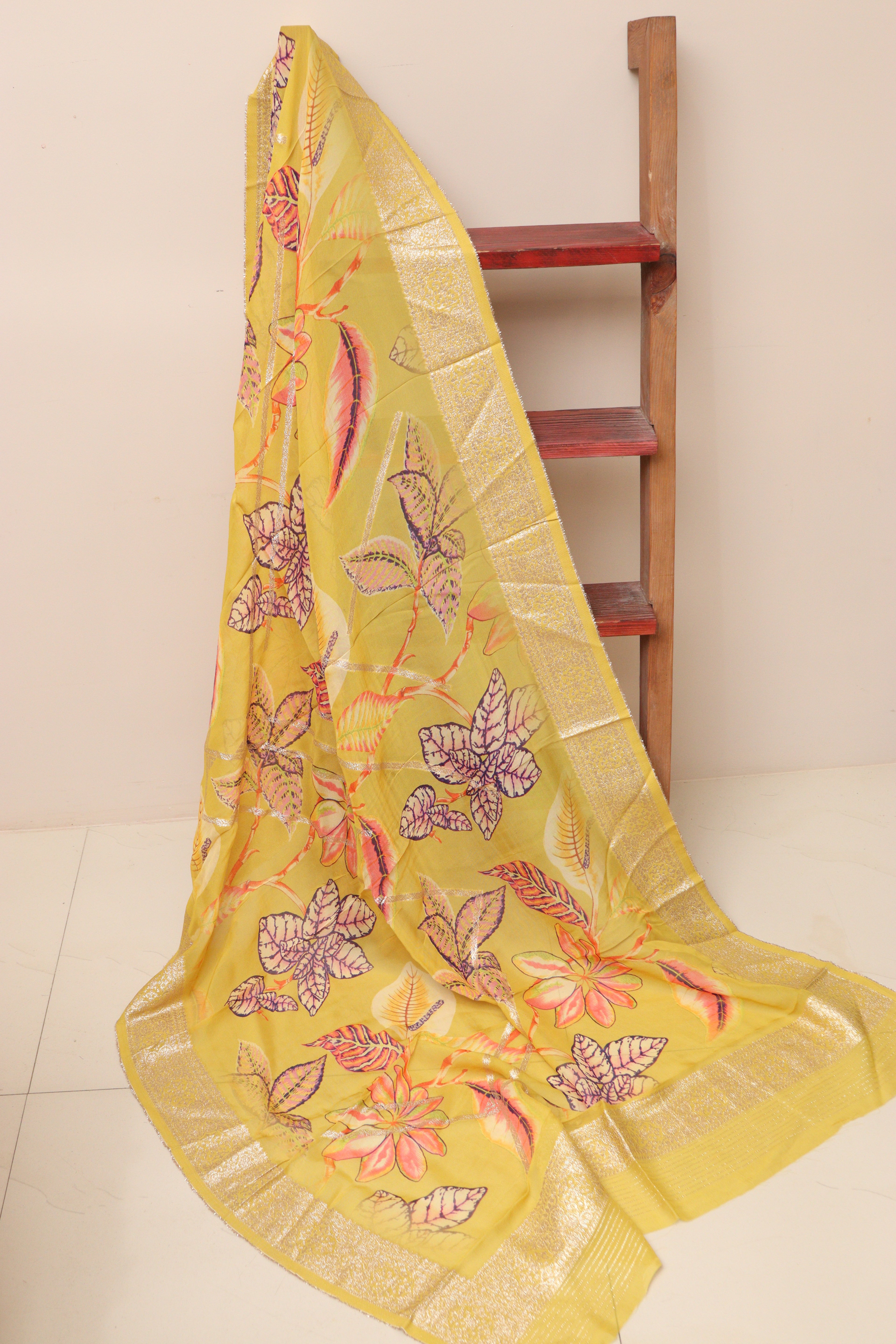 Yellow Banarasi Digital Printed Chiffon Georgette Dupatta - Luxurion World- Crafted Heirlooms