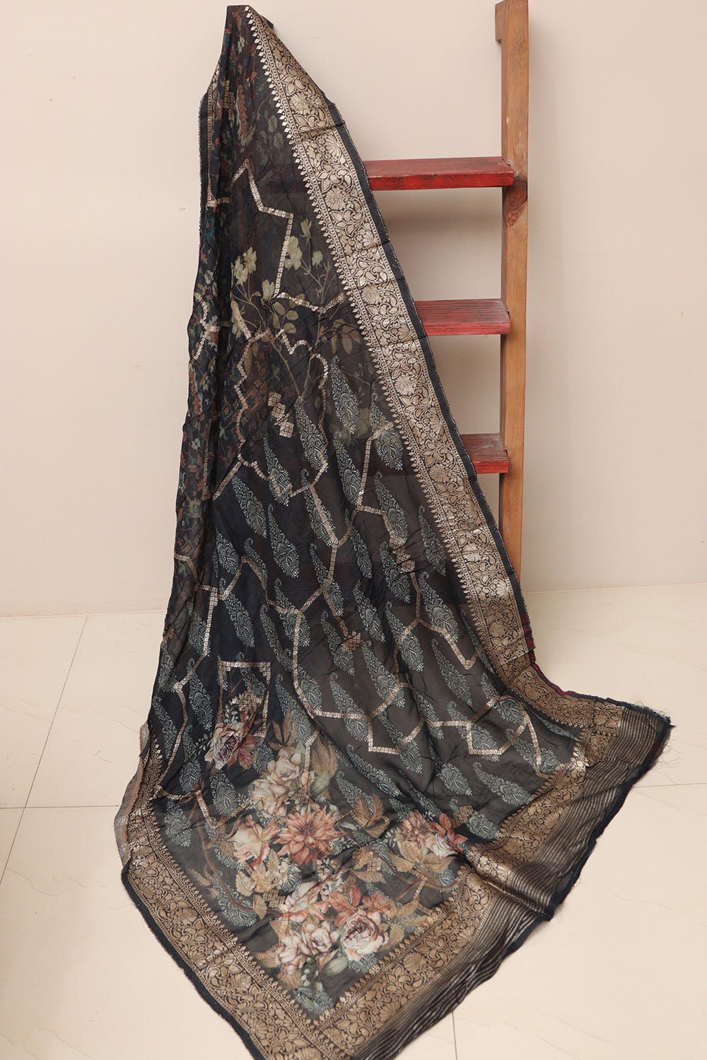 Elegant Black Banarasi Digital Printed Chiffon Georgette Dupatta - Luxurion World- Crafted Heirlooms