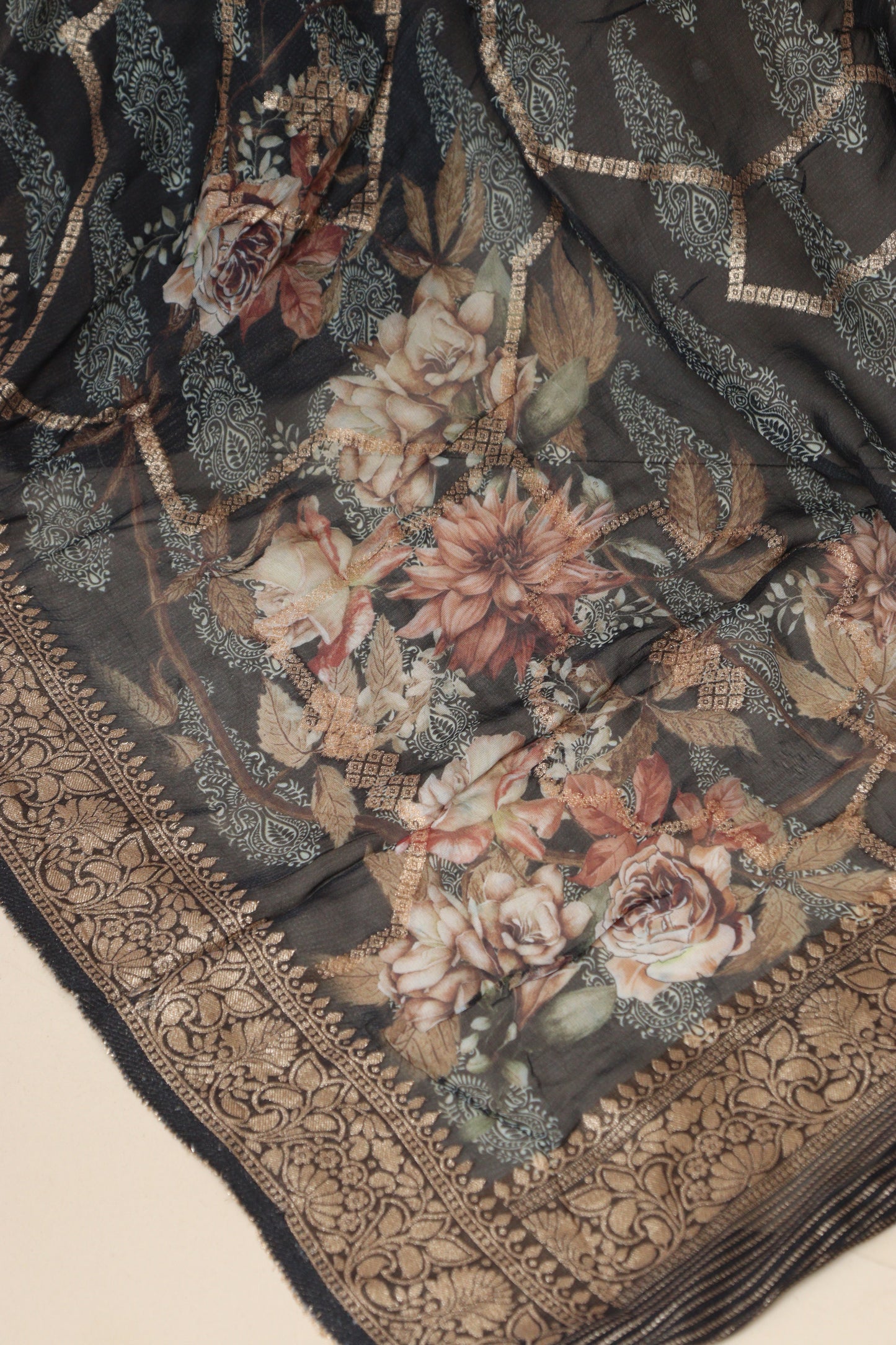 Elegant Black Banarasi Digital Printed Chiffon Georgette Dupatta