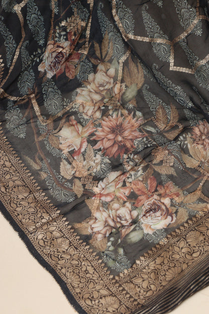 Elegant Black Banarasi Digital Printed Chiffon Georgette Dupatta