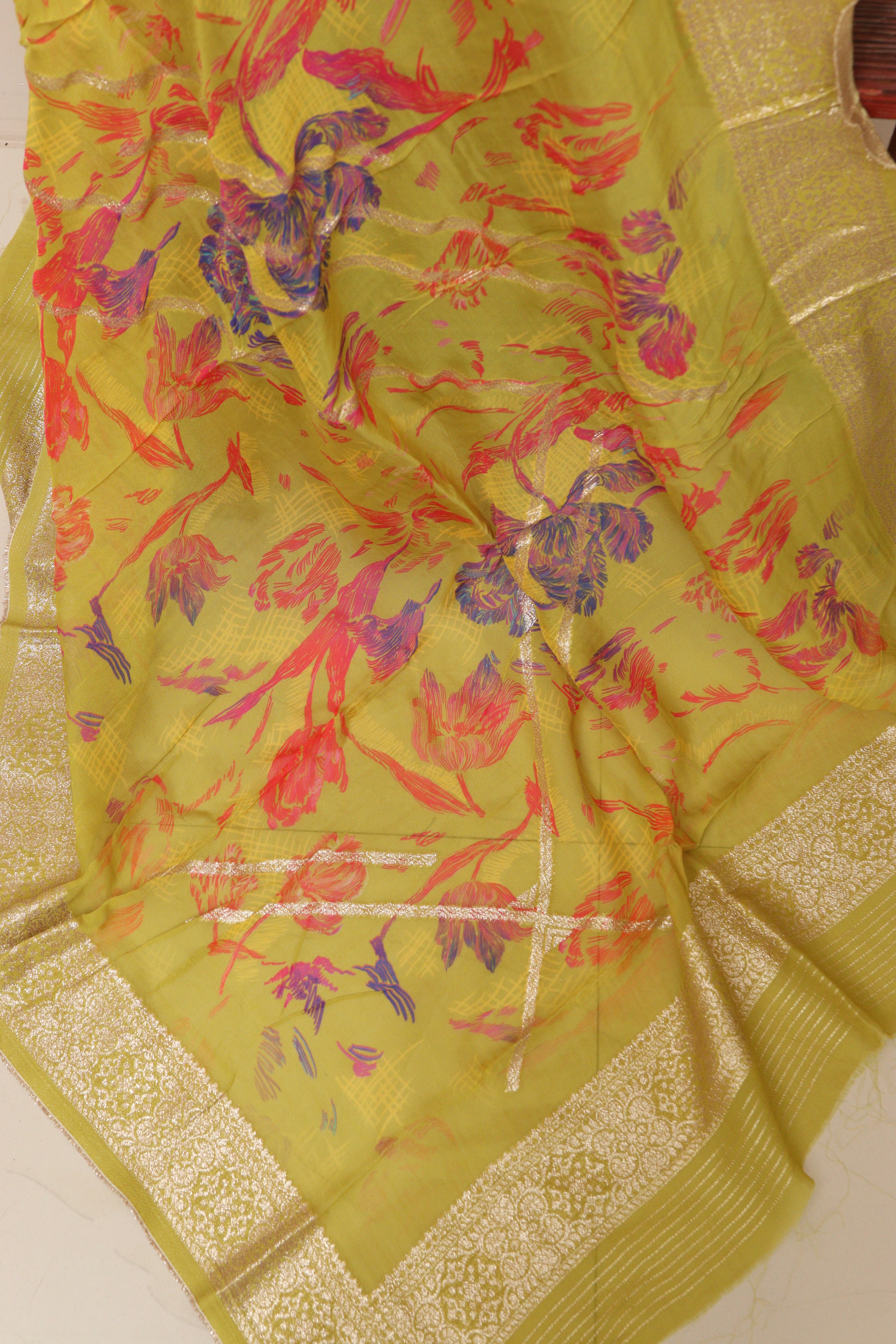 Yellow Banarasi Digital Printed Chiffon Georgette Dupatta - Luxurion World- Crafted Heirlooms