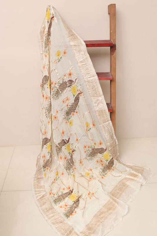 Elegant White Banarasi Digital Printed Chiffon Georgette Dupatta