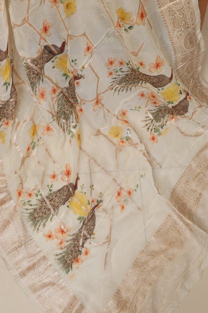 Elegant White Banarasi Digital Printed Chiffon Georgette Dupatta