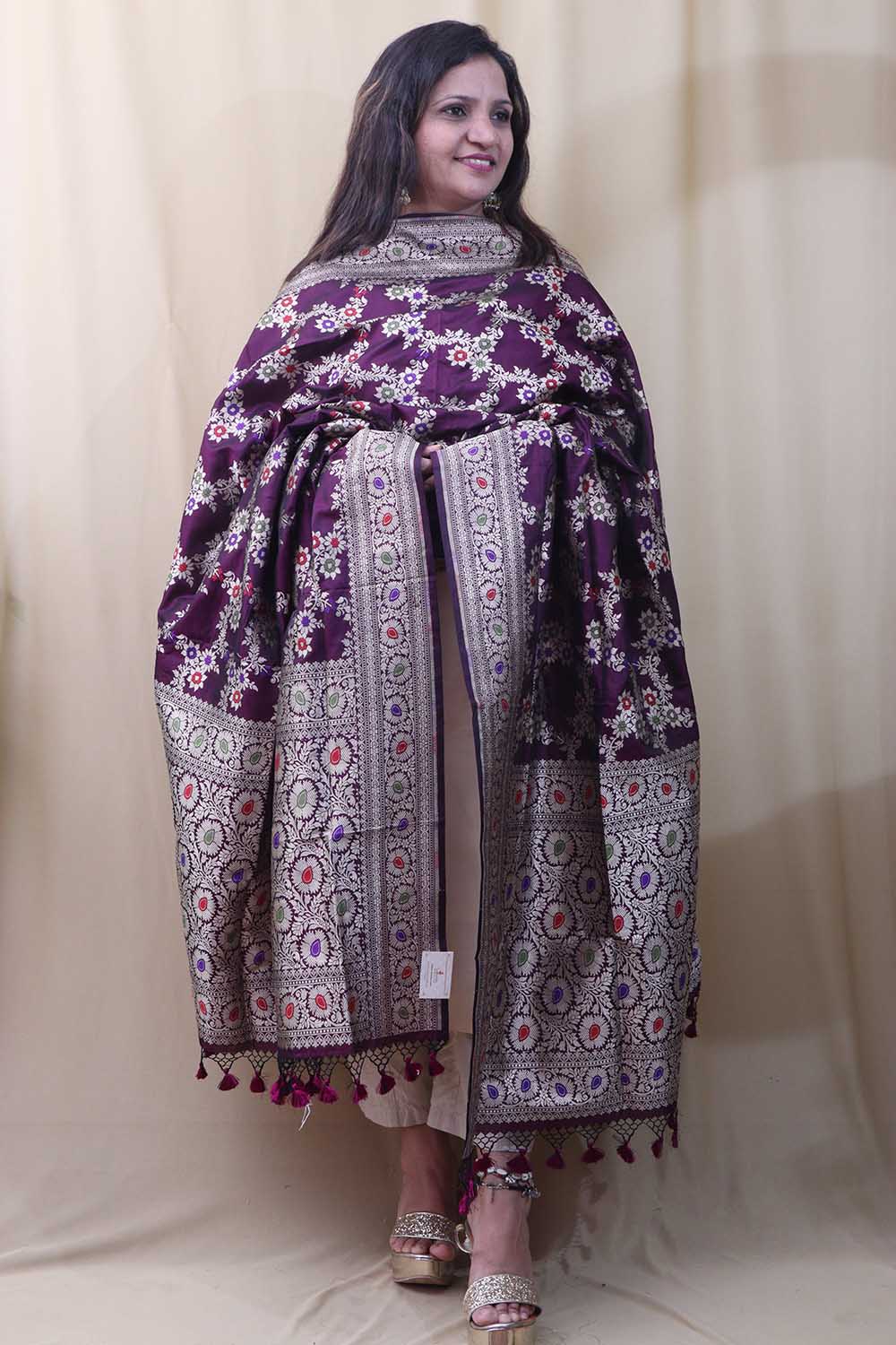 Purple Banarasi Handloom Pure Katan Silk Meenakari Dupatta - Luxurion World